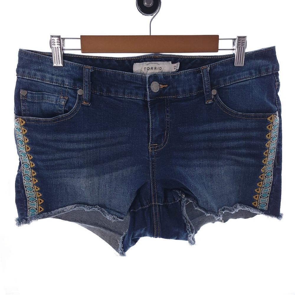 torrid Dark Blue Denim Jean Shorts with Turquoise & Gold Side Embroidery